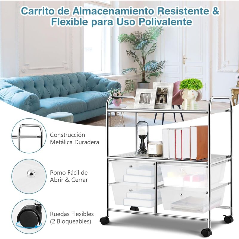 COSTWAY Carrito Auxiliar con Ruedas, Estantería Baño de 4 Cajones con  Ruedas, Carrito de Almacenamiento con Marco Metálico, Carrito Organizador  con 4 Ruedas para Cocina Baño, Oficina, Transparente : : Hogar y  cocina