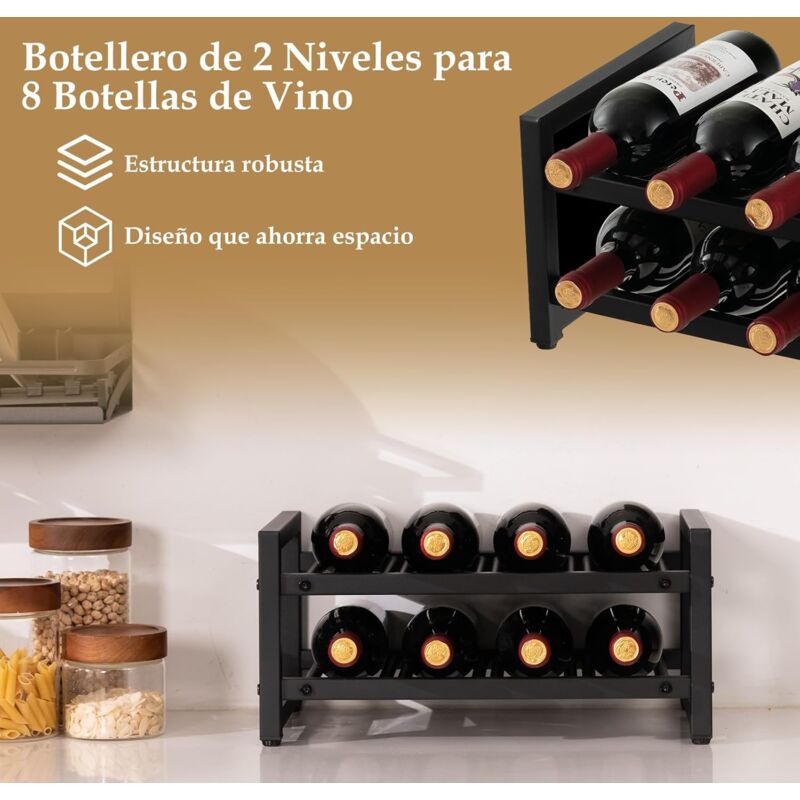 Botellero de 2 Niveles para 8 Botellas Apilable Soporte de Vino de