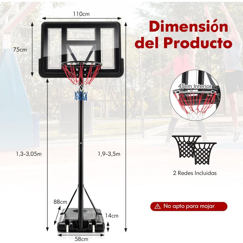Canasta Baloncesto Altura Ajustable 245cm-305cm Aro de Baloncesto Portátil  con Ruedas Base Rellenable para Interior Exterior - Costway