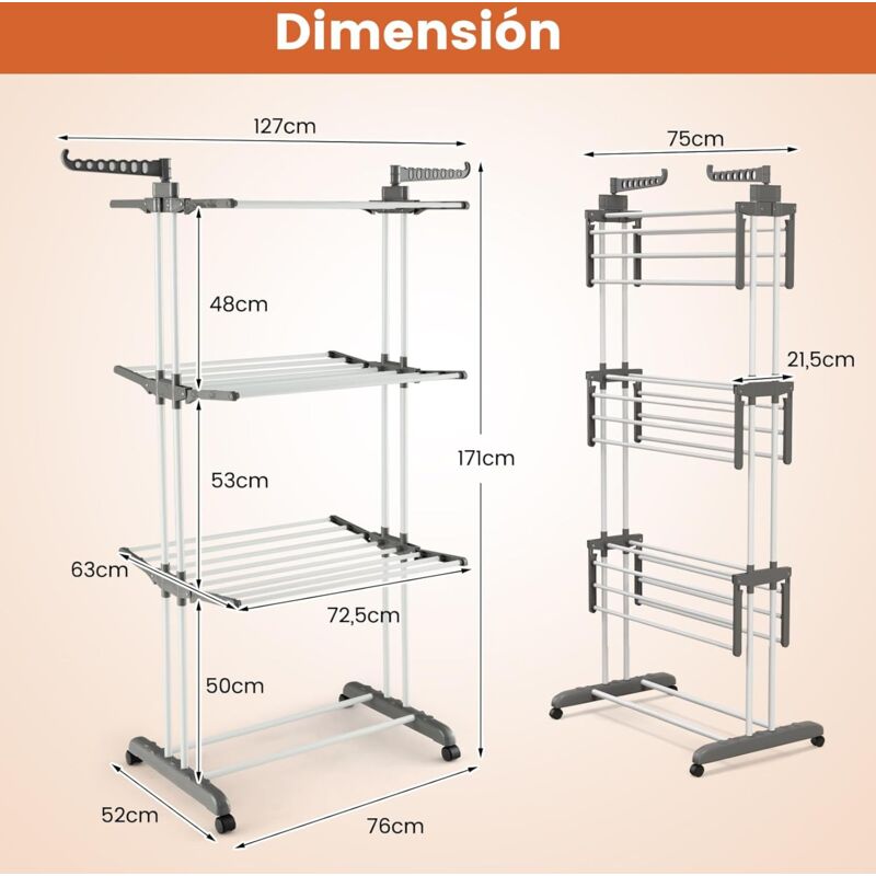 COSTWAY Tendedero Vertical de 4 Niveles, Tendedero de Torre Plegable con 4  Ruedas, Perchero con Alas