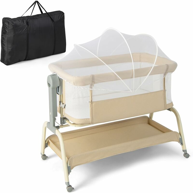 Cuna para bebé con cesta de almacenamiento y ruedas, cuna plegable fácil,  altura ajustable, cama portátil para recién nacido