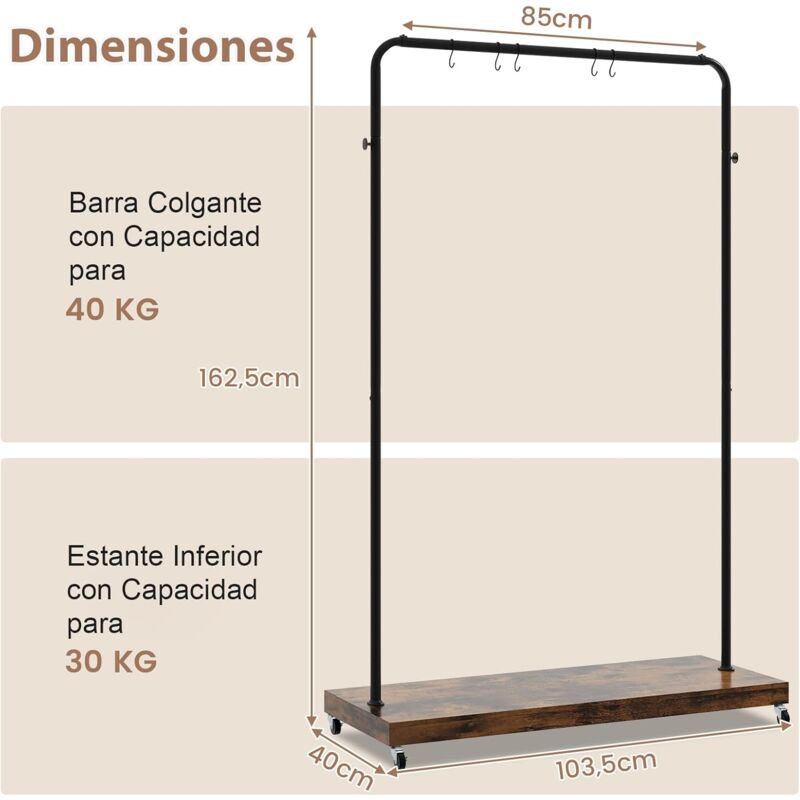 Costway Perchero Burro de Ropa con Zapatero 5 Ganchos Perchero Metálico  Soporte Colgador para Ropa Marrón 90 x 40 x 170,5 cm Costway Modern