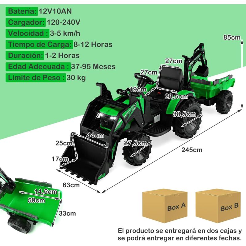 COSTWAY Tractor Electrico para Niños 12V, Excavadora para Niños con  Remolque, Cubo de Excavación, Juguete de