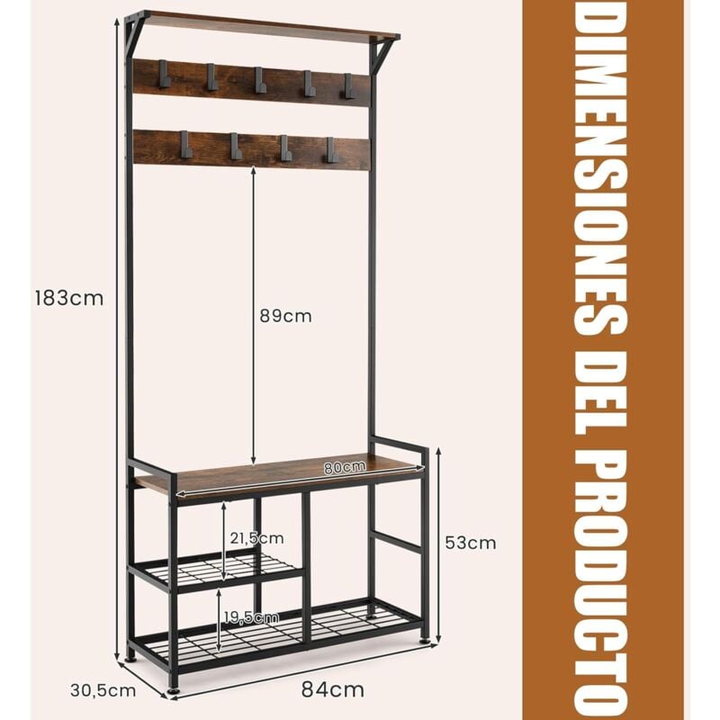 COSTWAY Perchero de Pie con Zapatero de 180 CM, 4 en 1 Perchero y Zapatero  con Estante Superior y 9 Ganchos Extraíbles, Perchero Industrial con Banco  y Almacenamiento de Zapatos para Entrada Pasillo