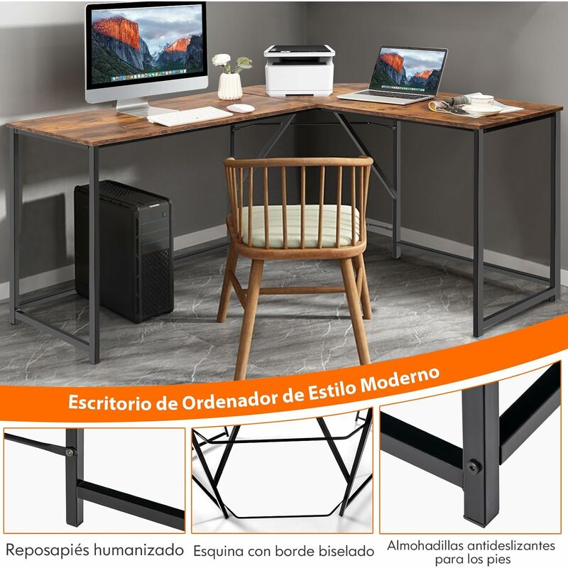 Escritorio en forma de L, escritorio de esquina para ordenador, escritorio  de metal y madera, mesa de juegos con marco de acero sólido y soporte para