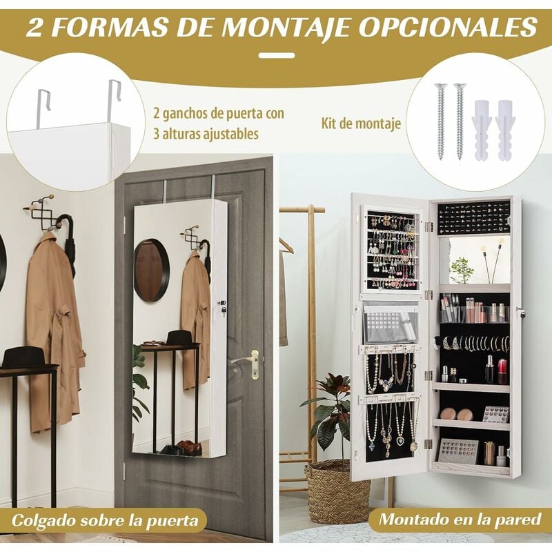 COSTWAY Espejo Joyero, Espejo Joyero de Pared/Puerta, Armario Joyero con  Cerradura, 40 x 12,5 x 120 cm, Blanco
