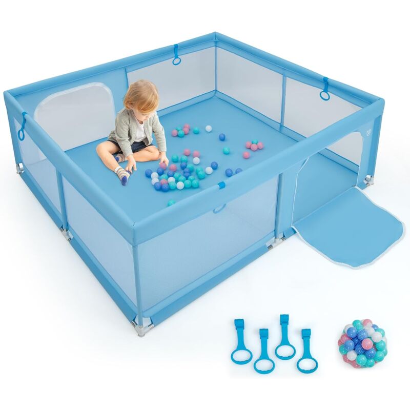 COSTWAY Parque Infantil Bebe Plegable, Parque de Juegos para Bebé,  124x124x70cm, Corralito Bebe con Dispositivos de Bloqueo y Ventosas  Antideslizantes, 50 Bolas, 4 Anillos de Agarre (Gris Oscuro)