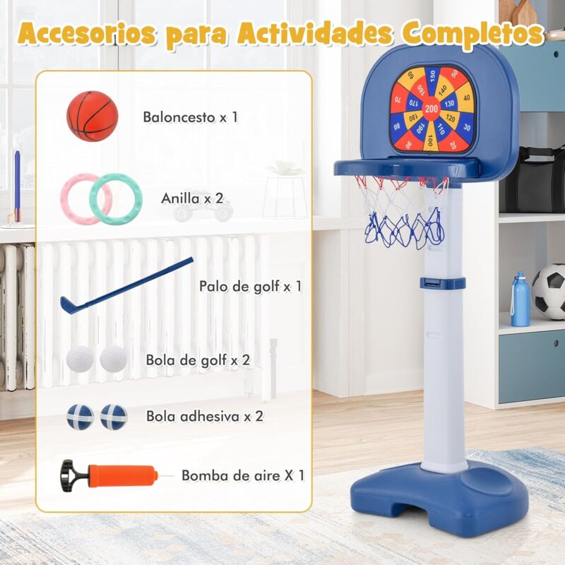 4 en 1 Canasta de Baloncesto para Niños Ajustable con Juegos de Lanzamiento  de Anillos Bola Pegajosa Golf para Interior Exterior Azul - Costway