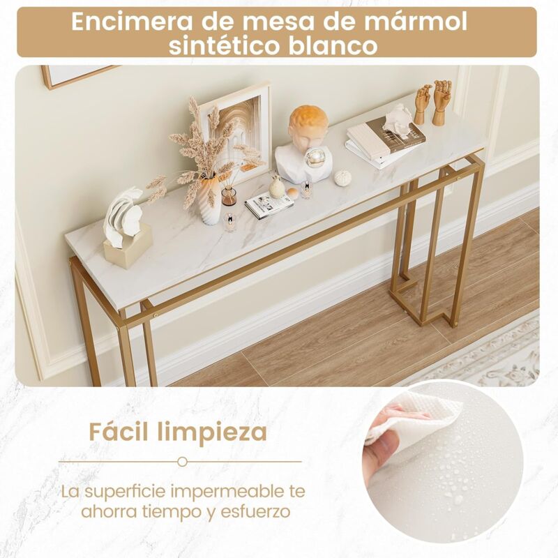 Moderna mesa consola, mesa de entrada de mármol sintético, mesa de sofá  estrecha con estantes de almacenamiento, mesa decorativa dorada para sala  de