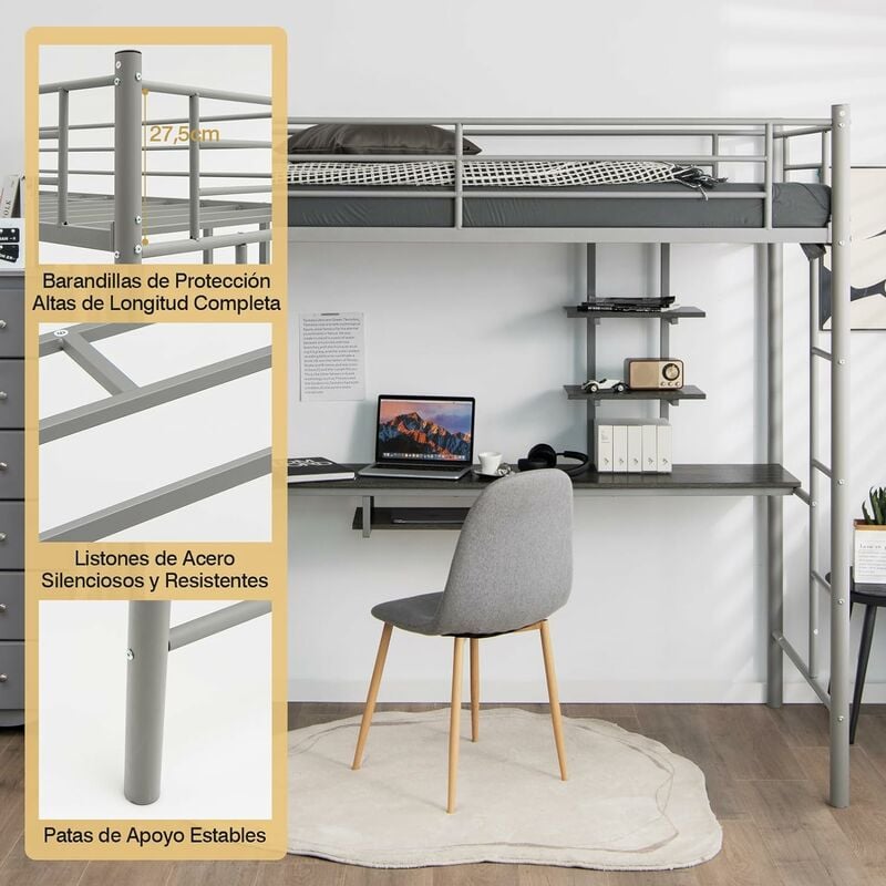 Cama alta con escaleras y escritorio, camas altas individuales con  estantería de almacenamiento y cajones, marco de cama de madera con  estantes de