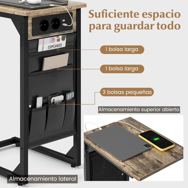  Mesa auxiliar negra en C para lugares estrechos, mesas  auxiliares delgadas para sofá para oficina en casa, sala de estar, mesa  decorativa de metal para café, laptop, aperitivos : Hogar y