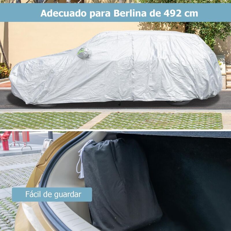 COSTWAY Funda Coche Exterior, Funda para Coche Universal A Prueba de Rayos  UV, Lluvia, Cubierta del Coche con Puerta con Cremallera, Tiras  Reflectantes y Bolsa de Almacenamiento (492 x 191 x 154 cm)