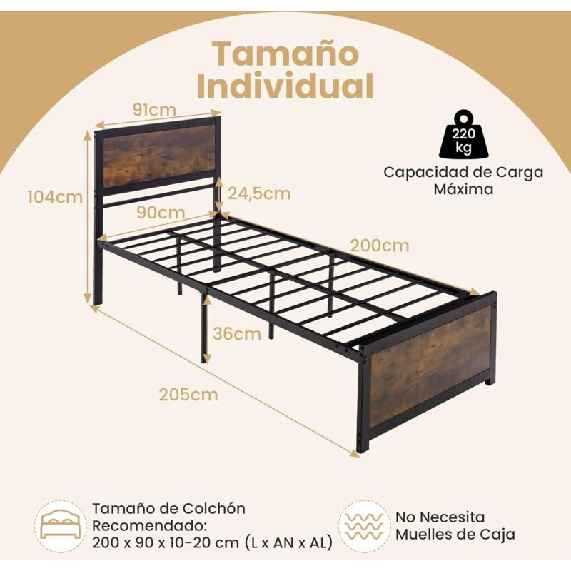 COSTWAY Cama Doble De Metal 140x190 Cm Con Cabecero Elegante – Estructura Resistente 360 Kg, Almacenamiento Bajo La Cama De 30 Cm (Negro)