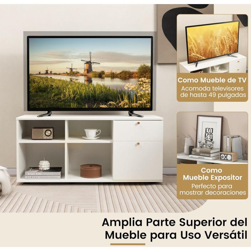 Mueble Almacenaje GOPLUS – Consola TV Con 2 Cajones, 4 Compartimentos, Pies Ajustables, Blanco Moderno Para Espacios Pequeños