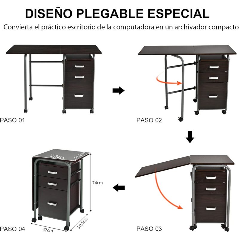 Escritorio Plegable para Ordenador con 3 Cajones de Almacenamiento y Ruedas  Bloqueables 105 x 50 x 74 cm - Costway