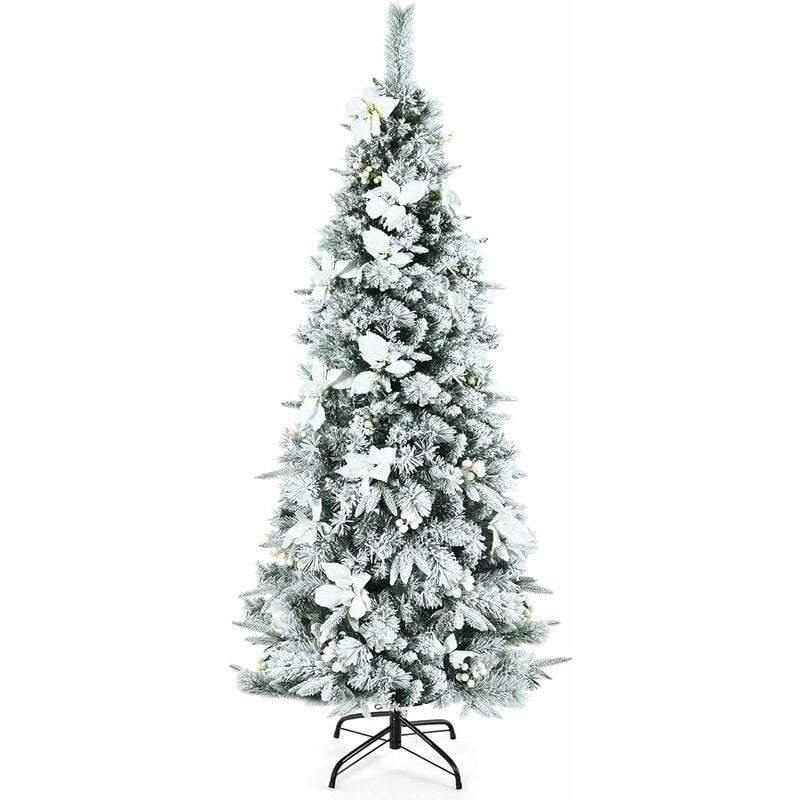 COSTWAY 180 cm Árbol de Navidad Artificial Nevado Fino, Árbol con Bayas Blancas y Estrellas de Navidad, Base de Metal Plegable (180 cm)