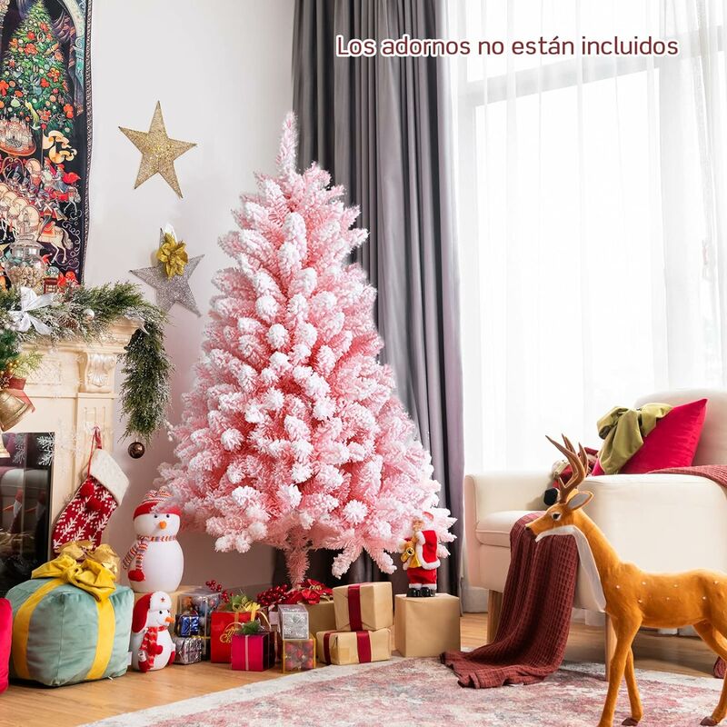 COSTWAY 150 cm Árbol de Navidad Rosa de Borra , Árbol Nevado de Bisagra, Pino Realístico Color Cerezo