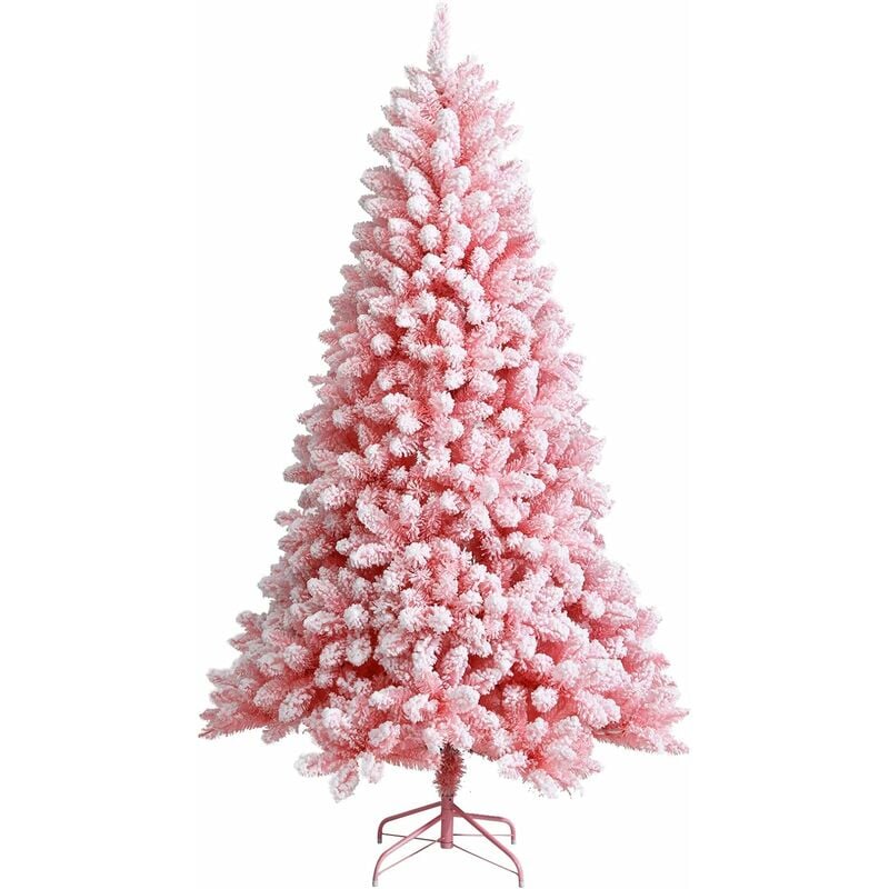 COSTWAY 180 cm Árbol de Navidad Rosa de Borra , Árbol Nevado de Bisagra, Pino Realístico Color Cerezo
