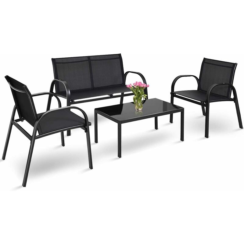 Costway Juego De 4 piezas muebles patio con 2 sillones1 banco plazas y 1 mesa centro hierro tela malla para terraza