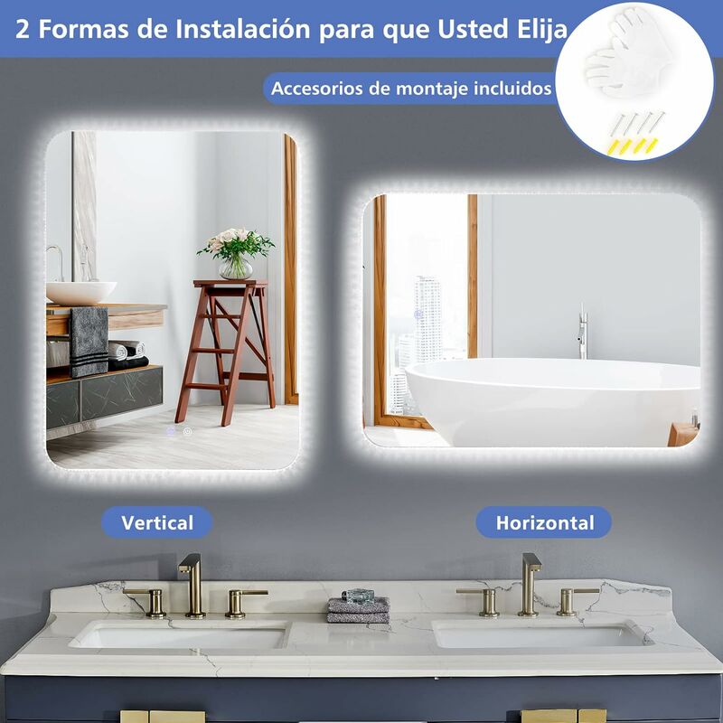 Espejo de baño LED para montaje en pared, antiempañamiento, regulable,  impermeable, con botón táctil inteligente, espejo de maquillaje con luces