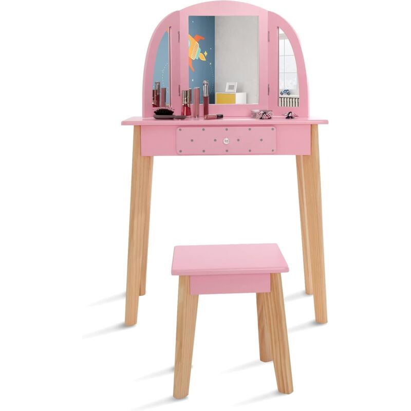 COSTWAY 2 en 1 Juego de Tocador de Maquillaje para Niñas, Mesa y Taburete de Madera para Niños con Espejo Plegable, Mesa y Silla para Niñas de 3 a 7 Años (Rosa)