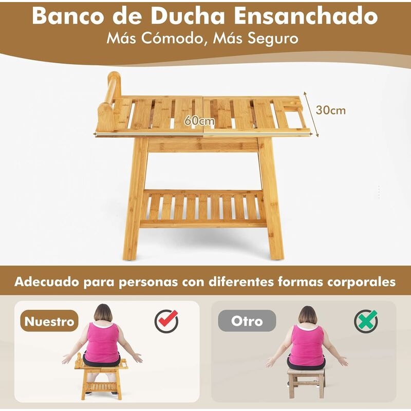 Banco de Ducha de Bambú con Estante de Almacenamiento Asiento de
