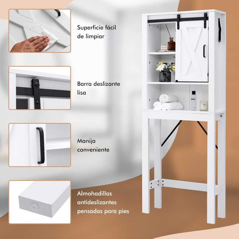 COSTWAY Armario de Almacenamiento sobre el Inodoro, Organizador sobre el  Inodoro de 3 Niveles con Puerta Corredera & Estantes Ajustables, Estanteria  sobre Inodoro para Baño, Lavandería, Blanco