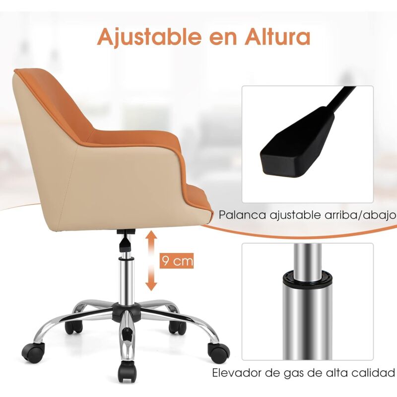 Silla Giratoria de Oficina Regulable en Altura Silla de Escritorio en Símil  Cuero PU Silla de Ordenador para Estudio Tocador Beige y Marrón - Costway