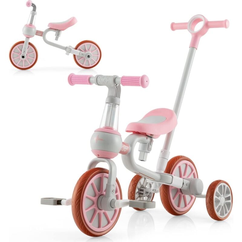 COSTWAY 4 en 1 Triciclo para Niños Pequeños, Bicicleta Triciclo para Bebes con Asa de Empuje y Asiento Ajustable, Pedales y Ruedas Desmontables, Bicicleta de Equilibrio para Niños de 2 a 4 Años (Rosa)