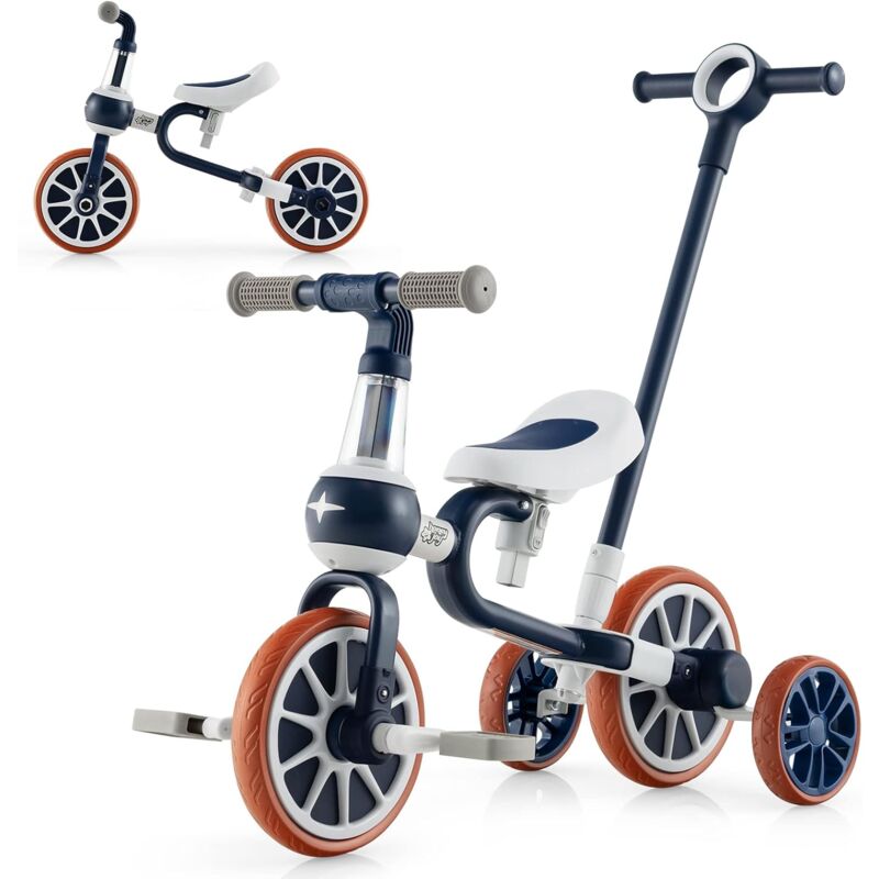 COSTWAY 4 en 1 Triciclo para Niños Pequeños, Bicicleta Triciclo para Bebes con Asa de Empuje y Asiento Ajustable, Pedales y Ruedas Desmontables, Bicicleta de Equilibrio para Niños de 2 a 4 Años (Azul)