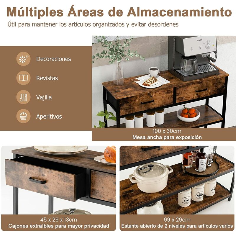 HOMCOM Mueble Recibidor Estrecho Mesa de Consola con 1 Cajón y 2 Estantes  Abiertos Estilo Industrial para Pasillo Entrada Sala de Estar 100x30x80 cm  Negro y Marrón