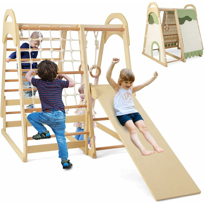 Gimnasio de madera para bebés con 6 juguetes de gimnasio, gimnasio plegable  de juegos para bebés, gimnasio de juegos de madera de pino natural, centro