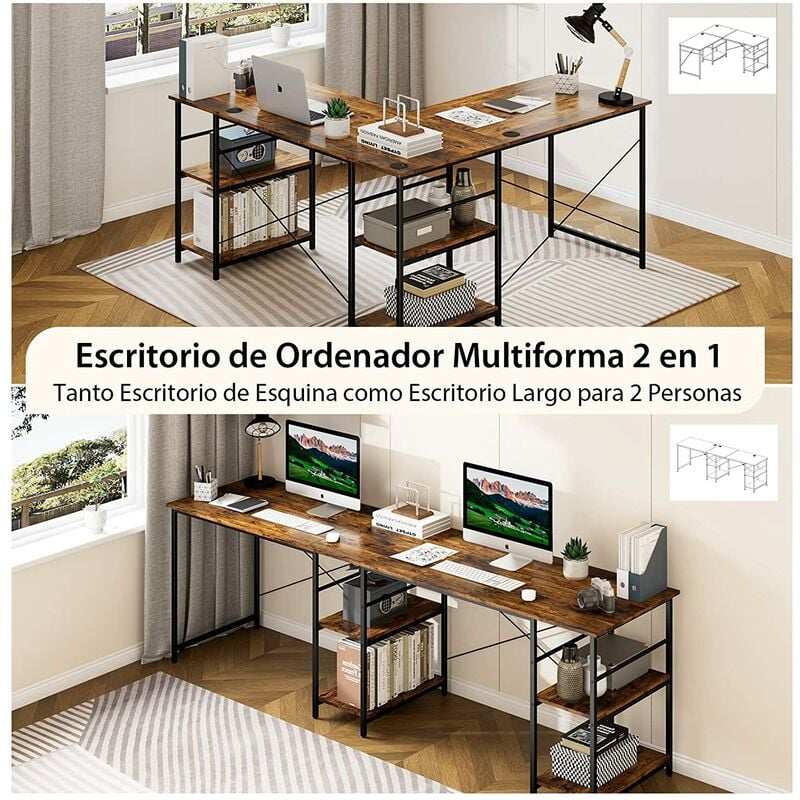 Escritorio en forma de L, escritorio de esquina en forma de L con estantes  de almacenamiento, mesa de juegos industrial larga para 2 personas