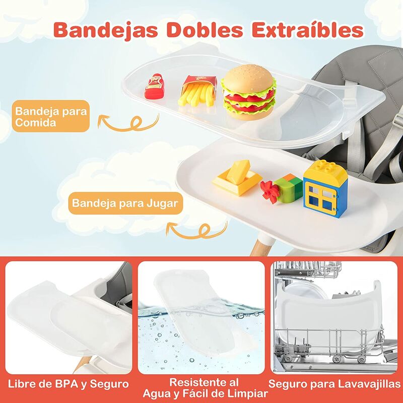 COSTWAY 6 en 1 Silla Alta Portatil para Bebés, Trona Evolutiva Convertible,  Silla de Alimentación Infantil con Arnes de 5 Puntos, Bandeja y Cojín