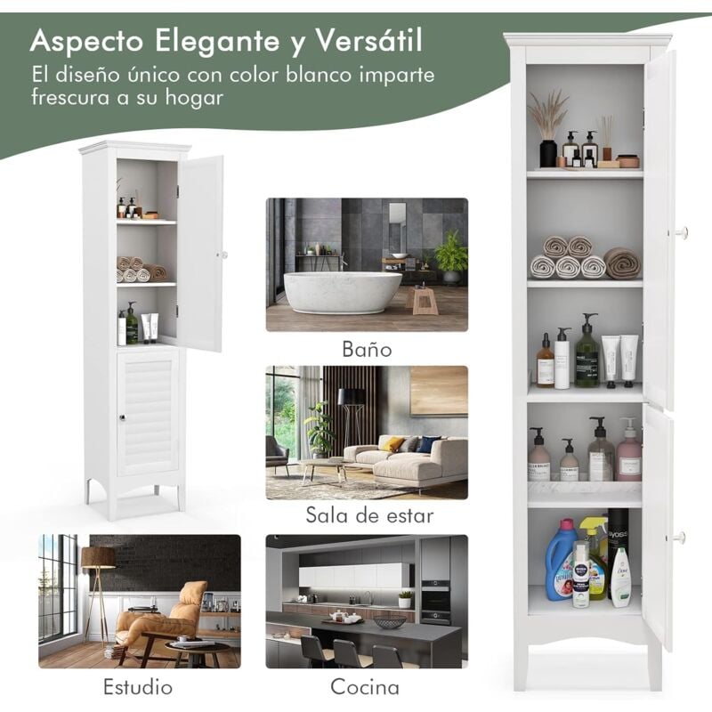  kleankin Armario alto de almacenamiento para baño con espejo,  gabinete de torre independiente de madera con estantes ajustables, para baño  o sala de estar, color blanco : Hogar y Cocina