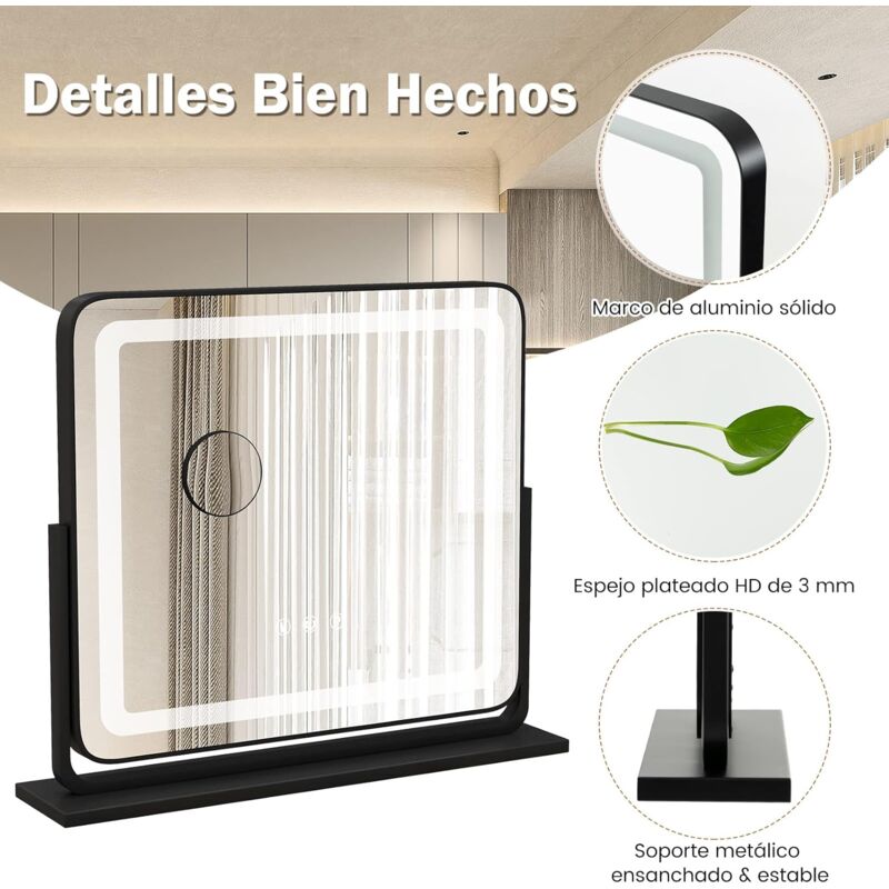  Espejo de mesa – Espejo cosmético de maquillaje redondo  regulable LED, espejo de mesa LED de alta definición con metal, 3 modos de  iluminación de colores, rotación de 360° espejo de