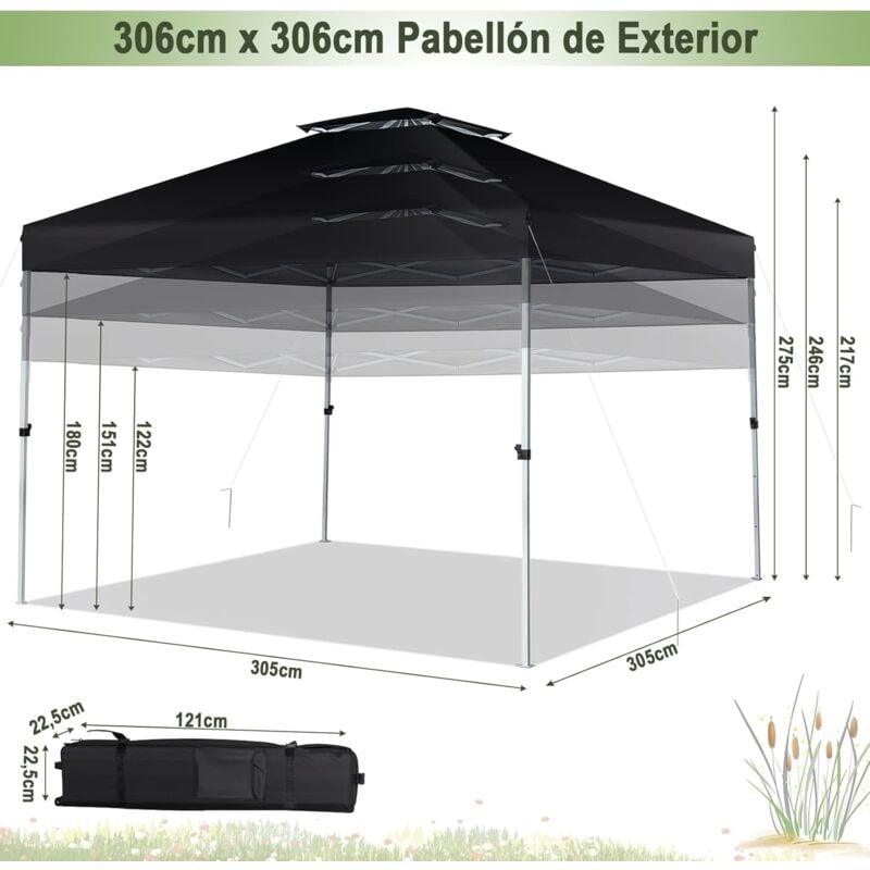 Carpa Plegable 3x3 m Cenador Tienda Emergente Pop Up 8 Personas Gazebo  Pabellón con Doble Techo Altura Ajustable Playa Jardín Patio