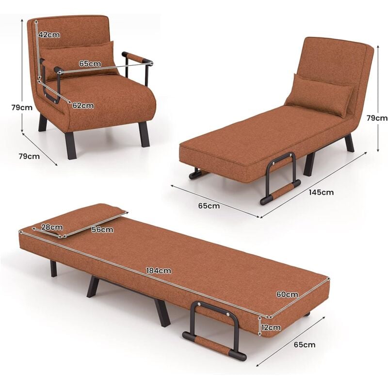 Merax Silla convertible 3 en 1, cama tipo silla cama, cama convertible,  ajusta el respaldo en un sofá, con almohada, tumbona, cama individual,  silla
