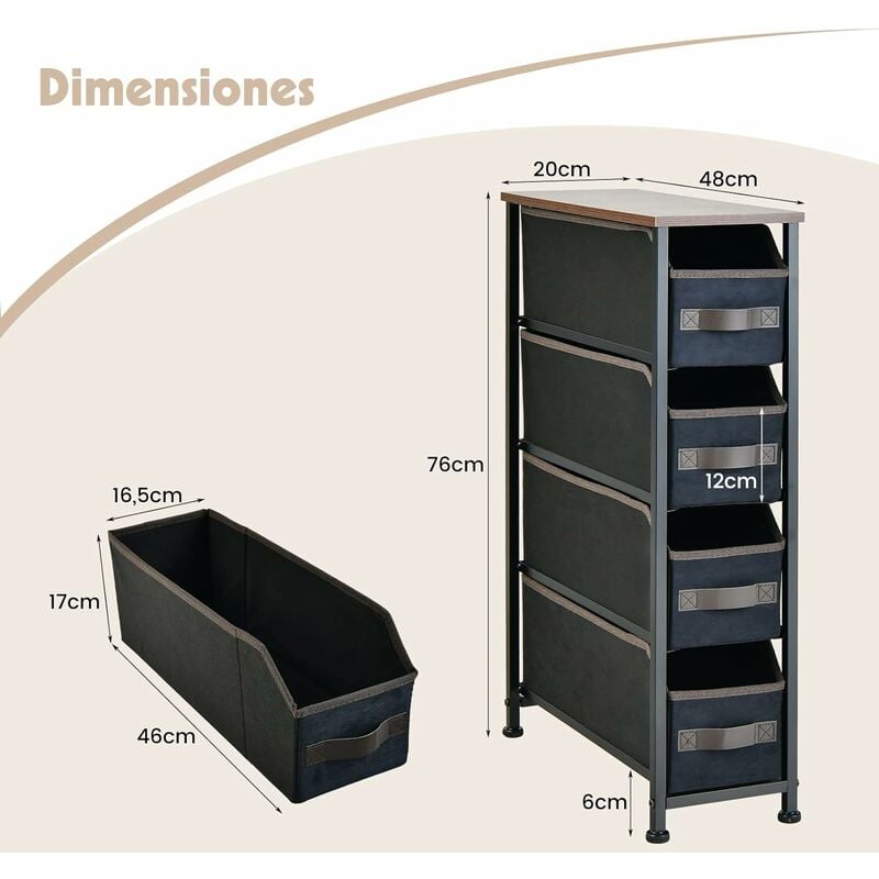 WAYTRIM - Torre de almacenamiento con 4 cajones organizadores de tela,  cómoda ancha para armario, con marco de acero, parte superior de madera
