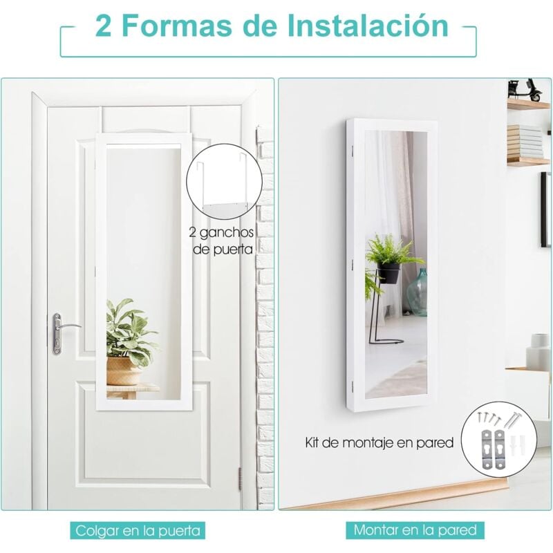 Armario Joyero para Cerrar con Llave y Luz LED Organizador Joyas y  Maquillajes con Espejo de Cuerpo Entero Blanco 37 x 9,6 x 120 cm - Costway