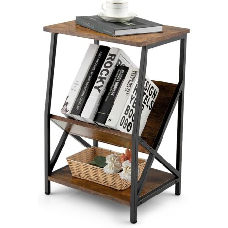 COSTWAY Mesa Auxiliar de 3 Niveles con Almacenamiento, Mesita de Noche, Mesa Industrial con Estante en Forma de V, Estante Abierto Suave, Mesita de Noche para Sala de Estar, Dormitorio