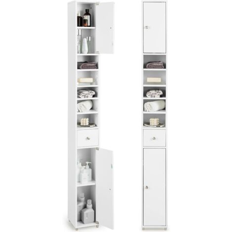 COSTWAY Armario Alto de Baño, Armario Delgado de Baño Alto con 2 Puertas, 1 Cajón y 5 Estantes Ajustables, Mueble Columna de Baño, Armario para Baño Alto, 20x20x180 cm