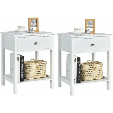 COSTWAY Set de 2 Mesita de Noche con Cajón y Repisa, Mesita con 2 Niveles, Mesa en Estilo Simple y Moderno, Complemento de Decoración Multifuncional para Salón Dormitorio Pasillo, Fácil de Montar (Bla