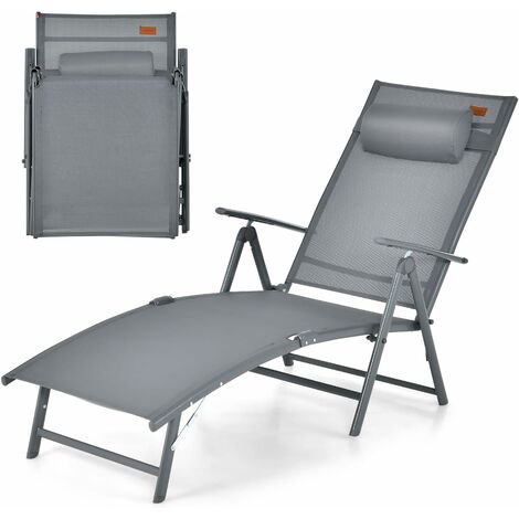 COSTWAY Tumbonas Jardin Exterior, Tumbona Plegable con Respaldo Ajustable en 7 Posiciones, y Almohada Texteline, Carga 150kg, Tumbona Piscina, Playa, Jardin (Gris)