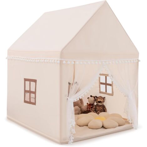 COSTWAY Casa de Juegos para Niños Tienda de Campaña para Niños Casita Infantil con Marco de Madera,Manta de Algodón y Techo Castillo Juguete para Niños 120x105x140 centímetros (Café)