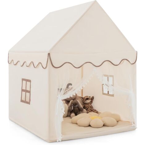 COSTWAY Casa de Muñecas para Niños, Casita con Tienda Resistente, Estructura de Sólida Madera y Alfombrilla de Algodón, Casa con Tienda Puerta y Ventana, Castillo Juguete para Niños (café) (1/5)