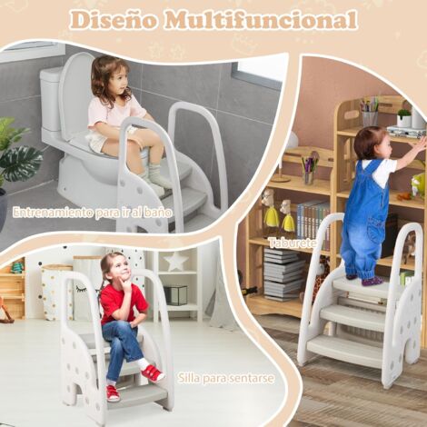 Taburete infantil para niños pequeños, baño, cocina, orinal de madera,  escalera de 2 peldaños para niños, color gris