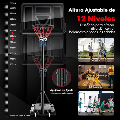 COSTWAY Canasta de Baloncesto Exterior, Altura Ajustable de 12 Niveles,  1,3m-3,05m, Móvil con