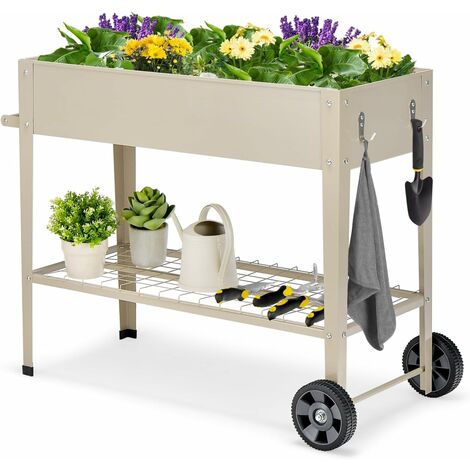 COSTWAY Cama de Jardín Elevada con Patas, Caja de Cultivo Elevada para Macetas con Estante Inferior, Jardinera Móvil con Ruedas y Patas, Jardinera Elevada de Metal para Vegetales, Flores, Patio