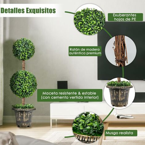 COSTWAY Plantas Artificiales Decorativas, Planta Artificial Topiario, 90cm,  2 Bolas, Maceta Rellena de Cemento, Arbol Artificial